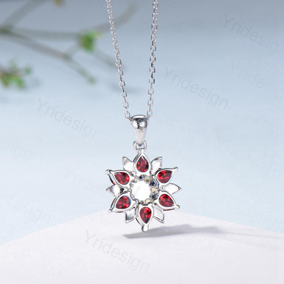 Unique Sunflower Opal Ruby Necklace Elegant Natural Inspired Necklace Double Halo Ruby Opal Floral Pendant Jewelry Anniversary Promise Gift
