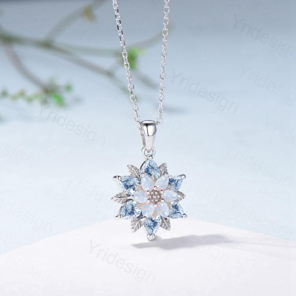 Unique Sunflower Natural Aquamarine Necklace Elegant Vintage Opal Necklace Double Halo Floral Pendant Leaf Vine Anniversary Promise Gift
