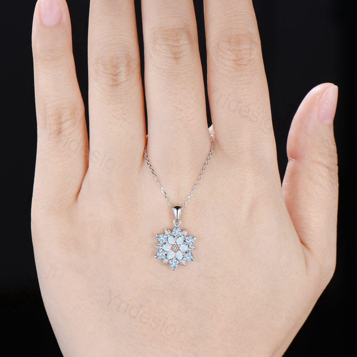 Unique Sunflower Natural Aquamarine Necklace Elegant Vintage Opal Necklace Double Halo Floral Pendant Leaf Vine Anniversary Promise Gift
