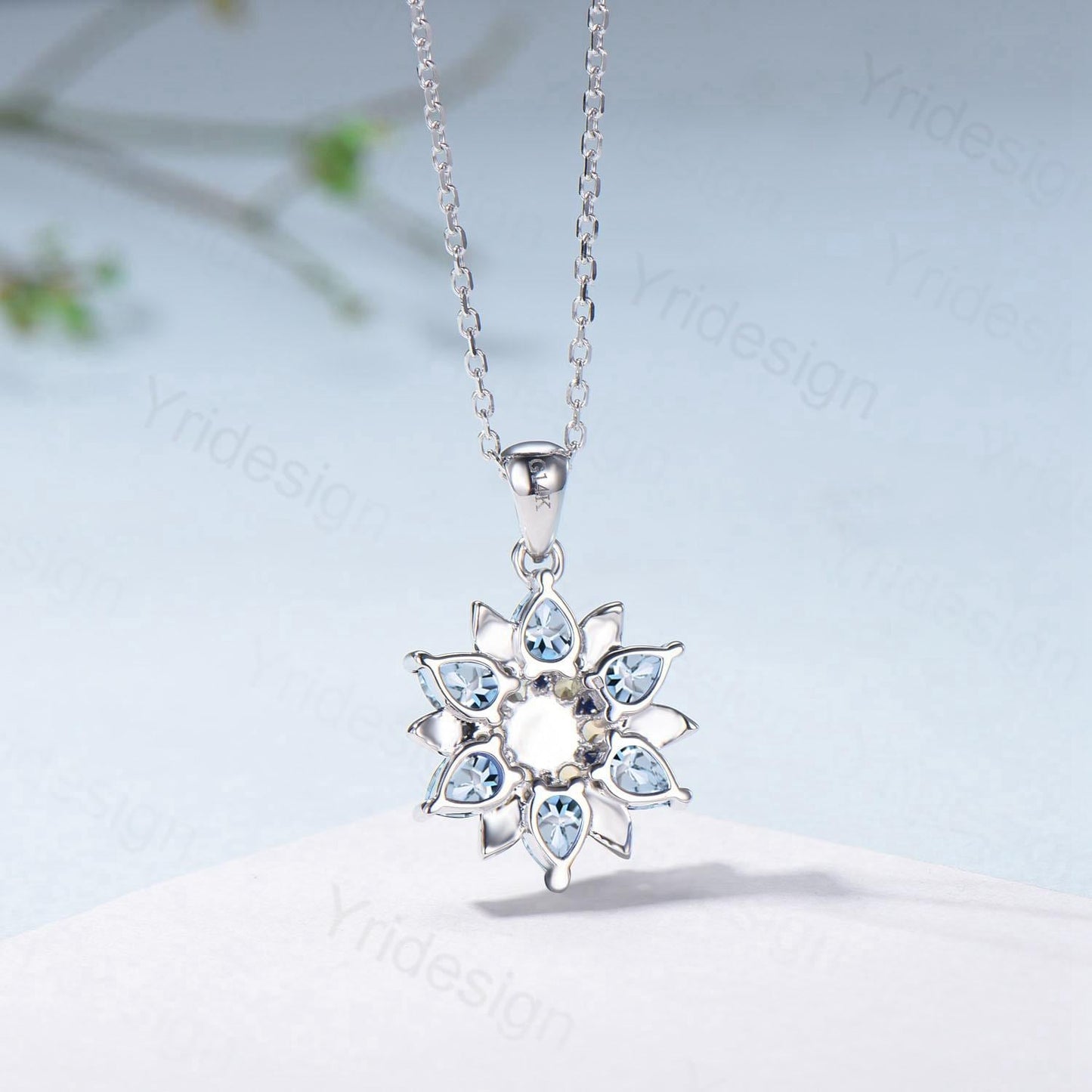 Unique Sunflower Natural Aquamarine Necklace Elegant Vintage Opal Necklace Double Halo Floral Pendant Leaf Vine Anniversary Promise Gift