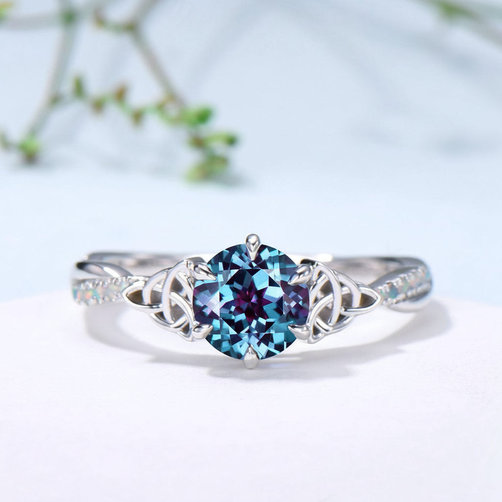 Celtic Knot Round Cut Alexandrite Engagement Ring Unique Norse Viking Fire Opal infinity  Wedding Ring Spilt Shank Anniversary Promise Gifts