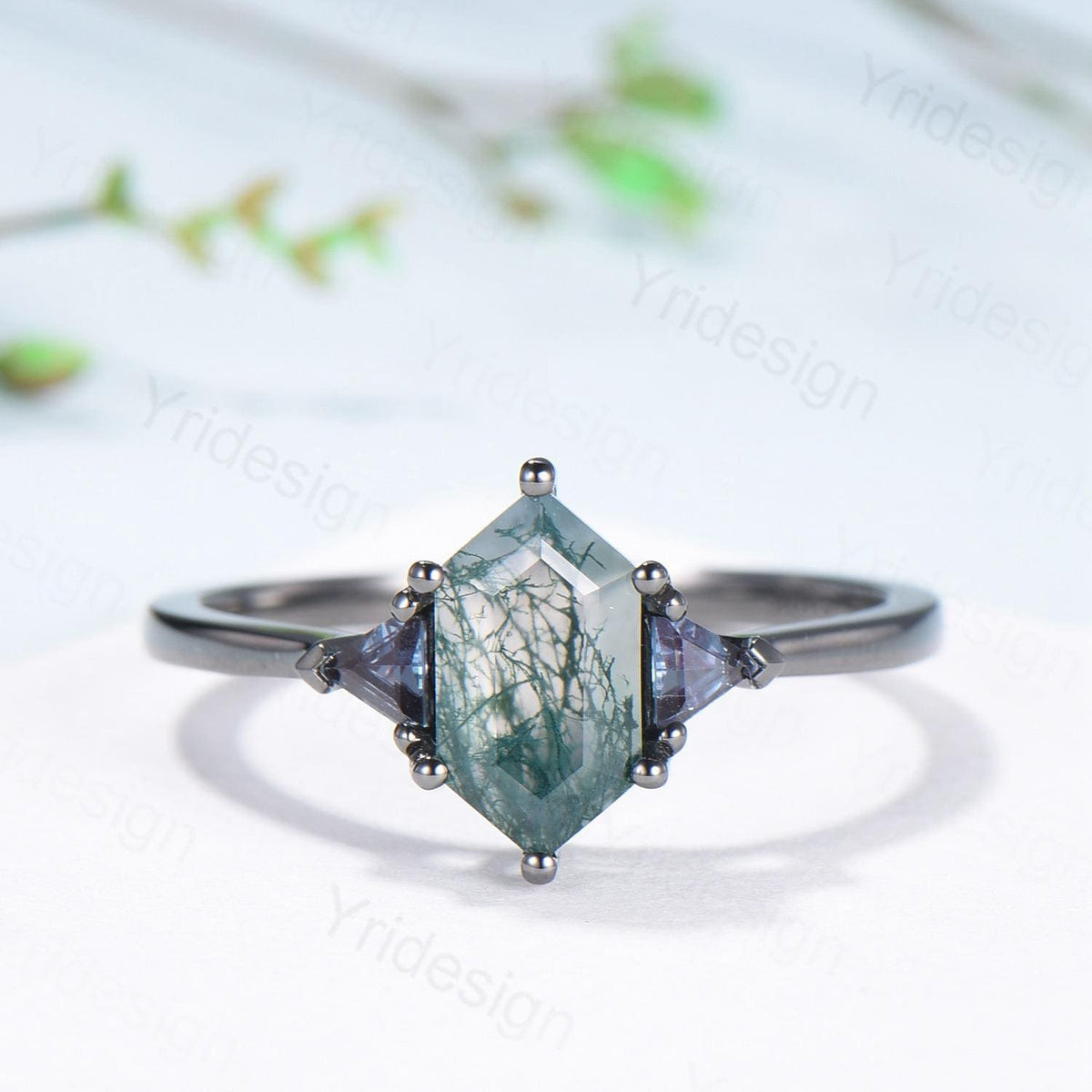 Gothic Black Gold Moss Agate Engagement Ring Long Hexagon Green Agate 3 Stone Trillion Alexandrite Wedding Ring Handmade Anniversary Gift