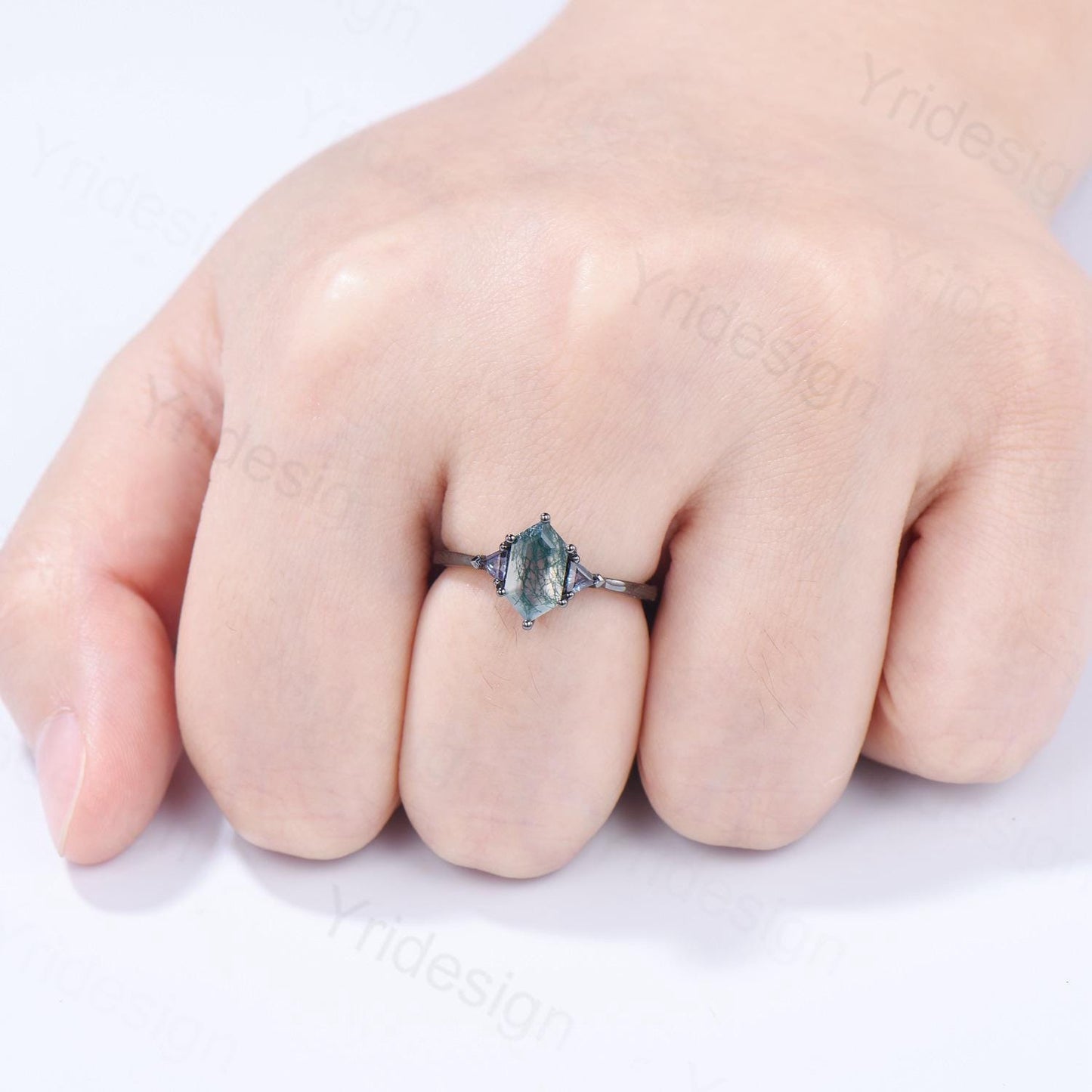 Gothic Black Gold Moss Agate Engagement Ring Long Hexagon Green Agate 3 Stone Trillion Alexandrite Wedding Ring Handmade Anniversary Gift