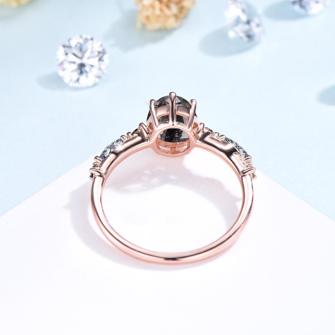 Unique oval cut salt and pepper diamond engagement ring black rutilated quartz spinel handmade promise ring anniversary gift for fiancée