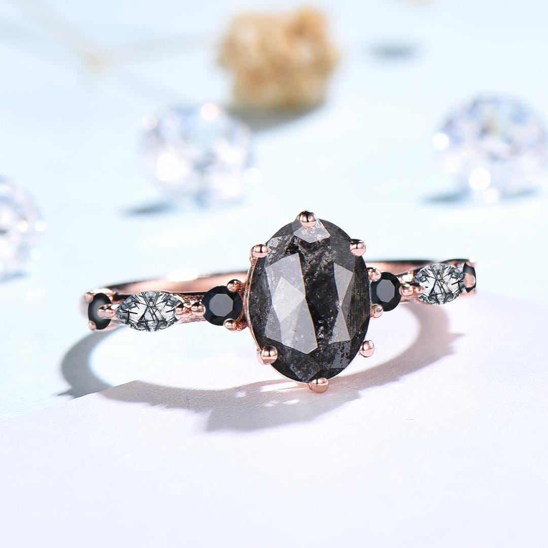 Unique oval cut salt and pepper diamond engagement ring black rutilated quartz spinel handmade promise ring anniversary gift for fiancée
