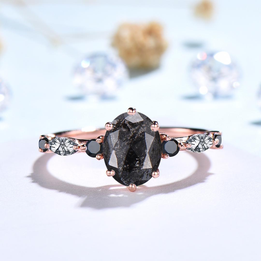 Unique oval cut salt and pepper diamond engagement ring black rutilated quartz spinel handmade promise ring anniversary gift for fiancée