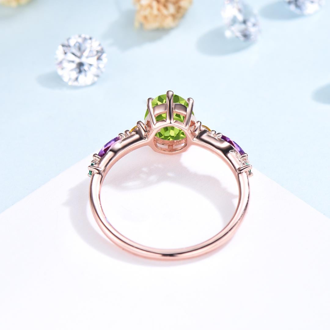 Vintage Oval Cut Peridot Engagement Ring Multi-Stone Cluster Citrine Amethyst Emerald Wedding Ring August Birthstone Anniversary Gift Women