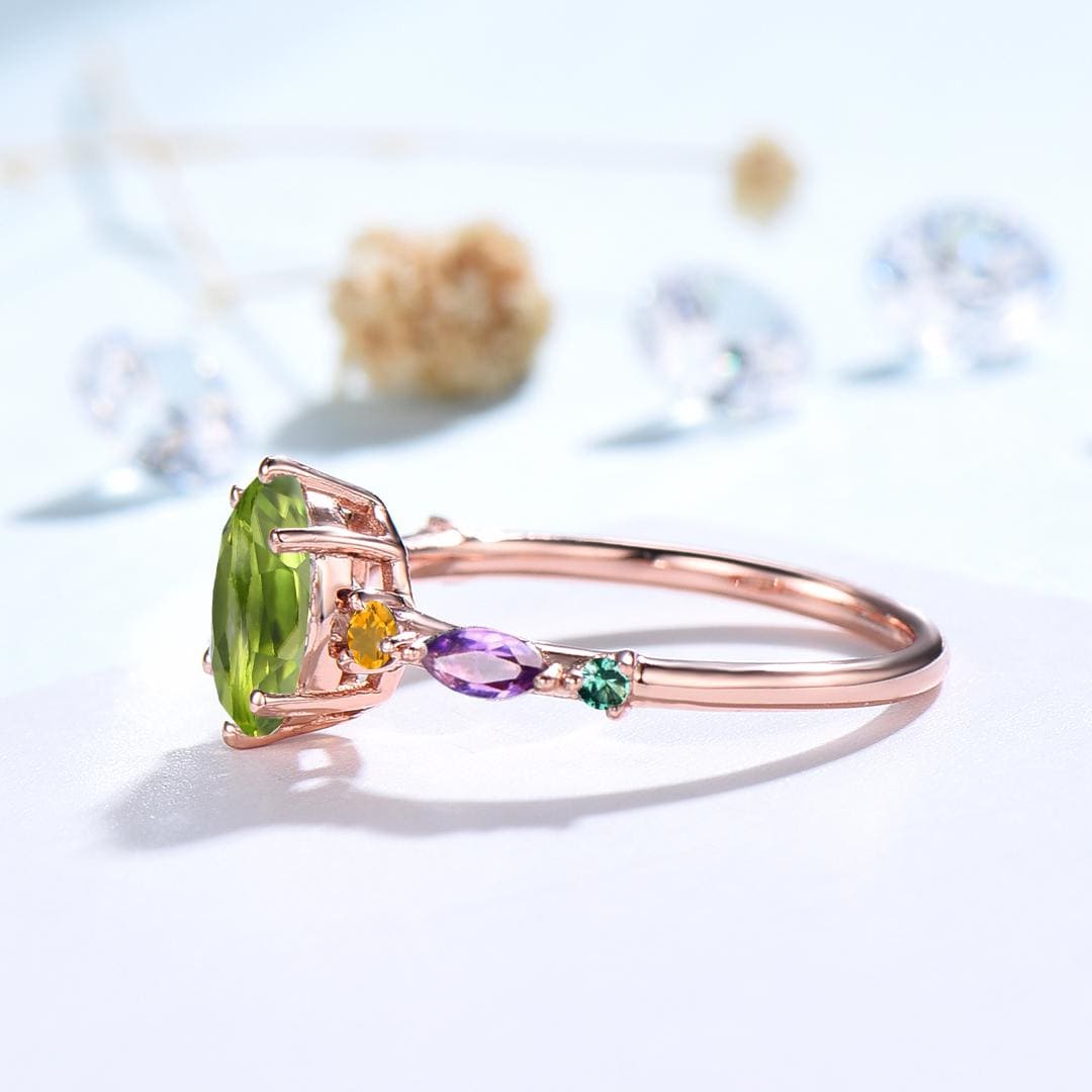 Vintage Oval Cut Peridot Engagement Ring Multi-Stone Cluster Citrine Amethyst Emerald Wedding Ring August Birthstone Anniversary Gift Women