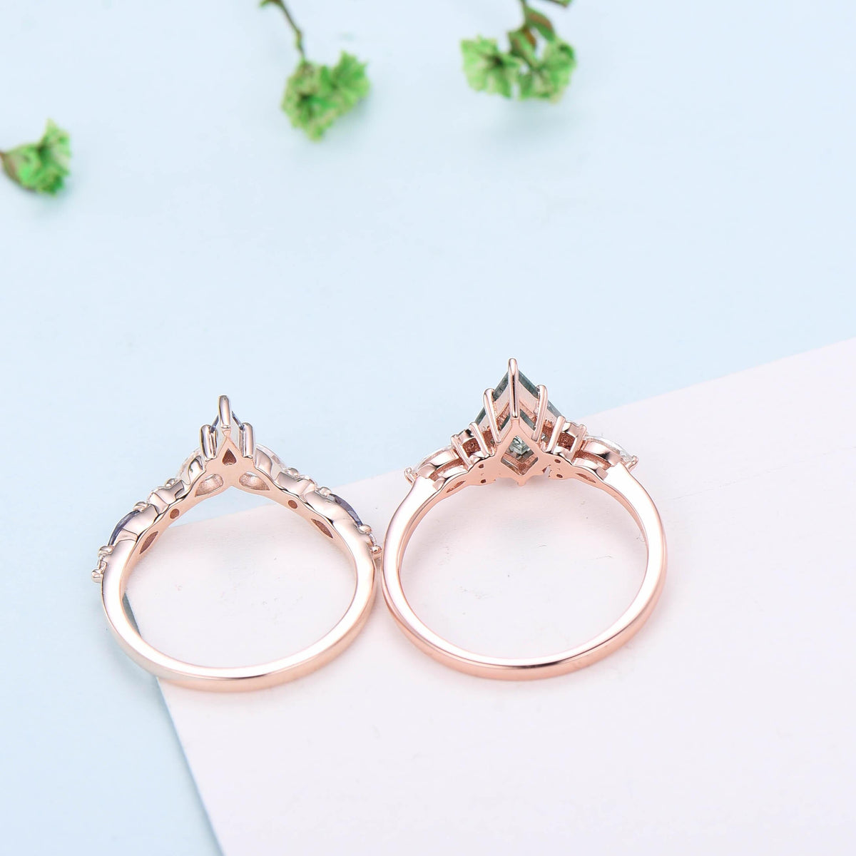 Five Stone kite cut salt and pepper diamond engagement ring set Unique black spinel bridal wedding set handmade anniversary promise gifts