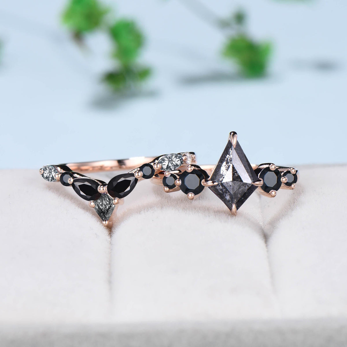Five Stone kite cut salt and pepper diamond engagement ring set Unique black spinel bridal wedding set handmade anniversary promise gifts