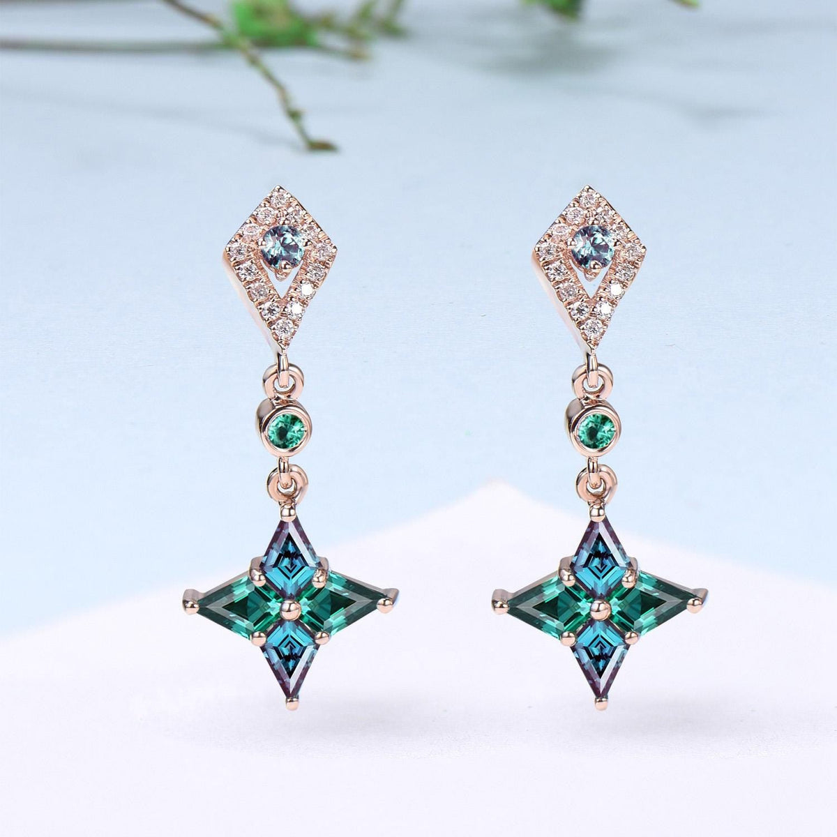 Vintage kite cut alexandrite earrings Unique pinwheel emerald earrings halo diamond drop stud earrings elegant anniversary gift for women
