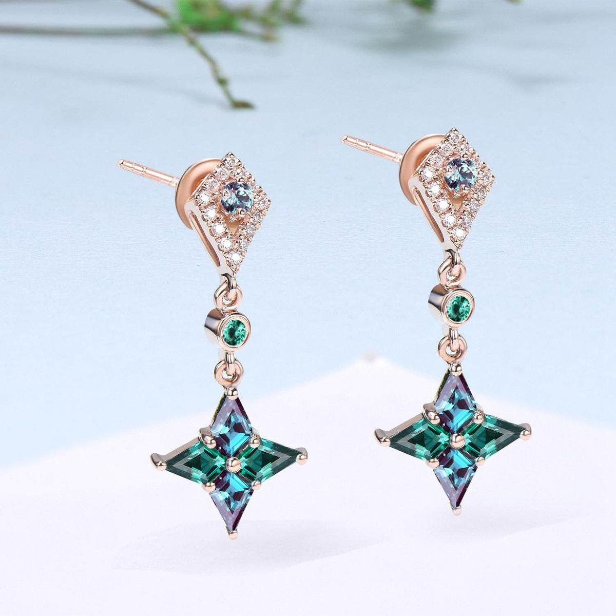 Vintage kite cut alexandrite earrings Unique pinwheel emerald earrings halo diamond drop stud earrings elegant anniversary gift for women