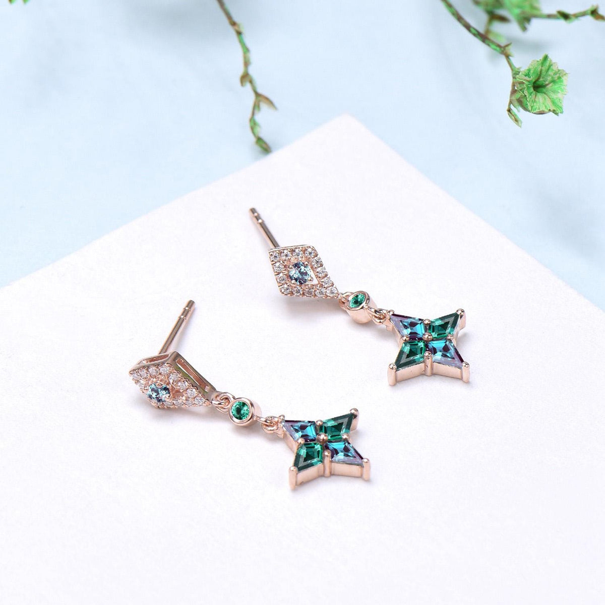 Vintage kite cut alexandrite earrings Unique pinwheel emerald earrings halo diamond drop stud earrings elegant anniversary gift for women