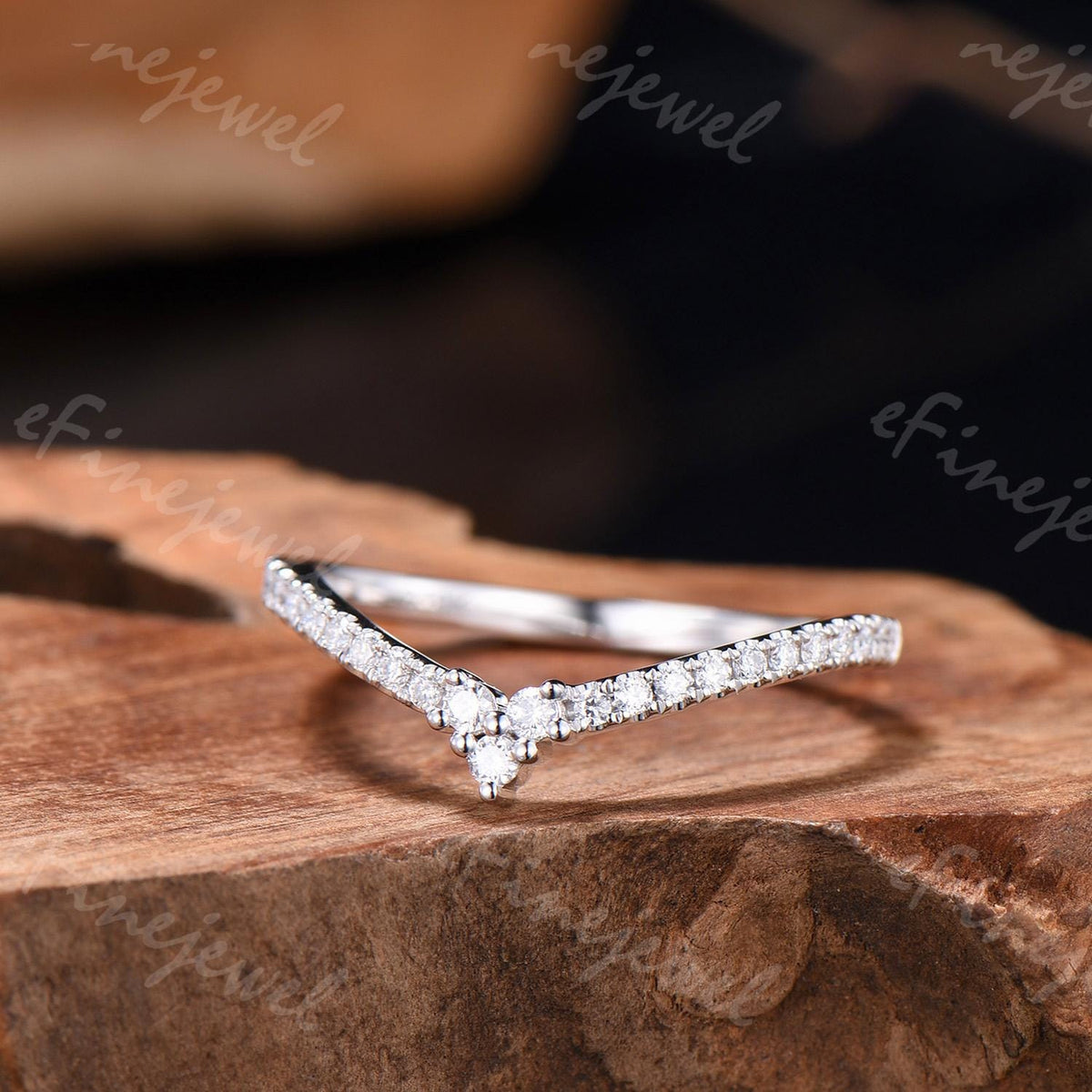Handmade Diamond/Moissanite V Wedding Band, 14K White Gold Anniversary Ring