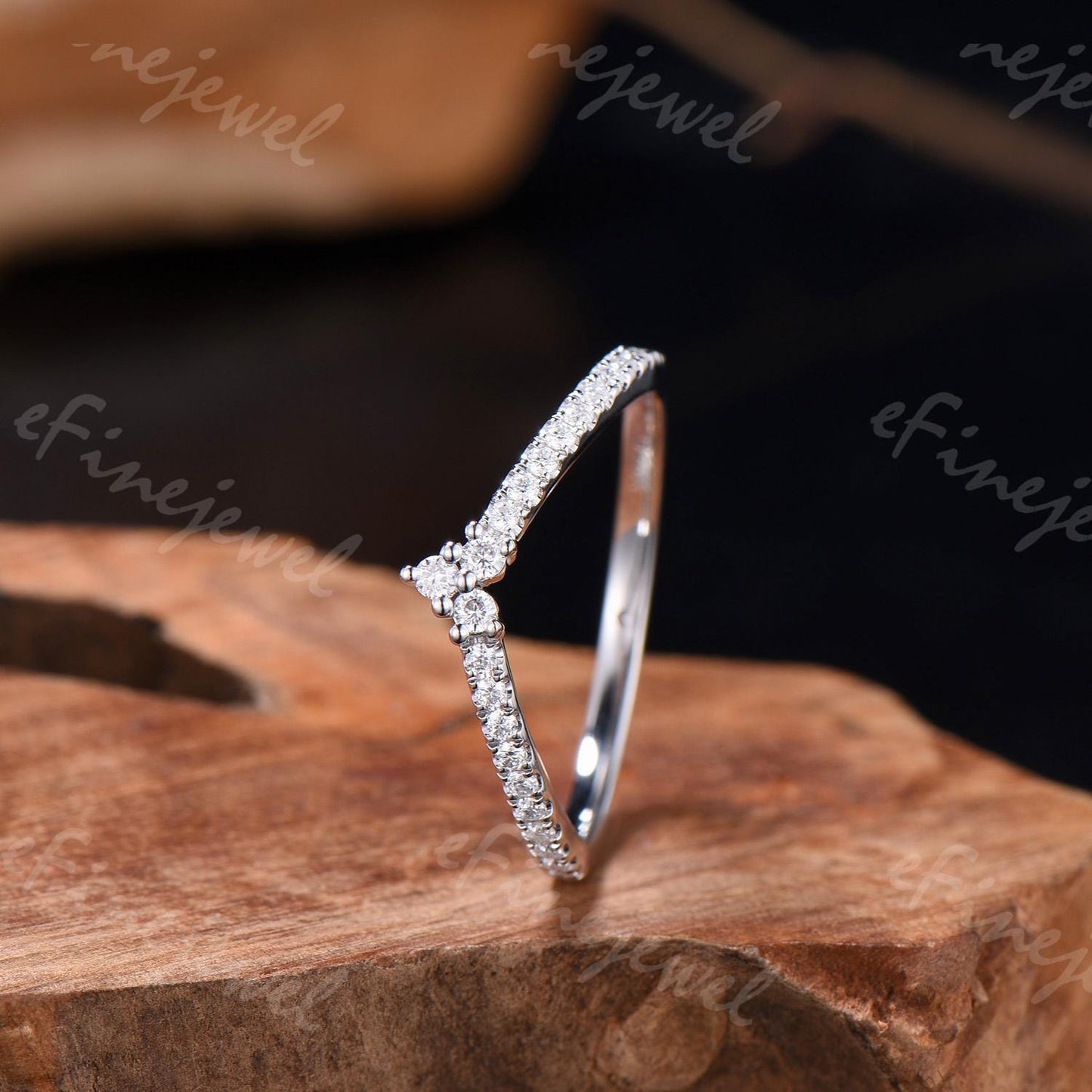 Handmade Diamond/Moissanite V Wedding Band, 14K White Gold Anniversary Ring