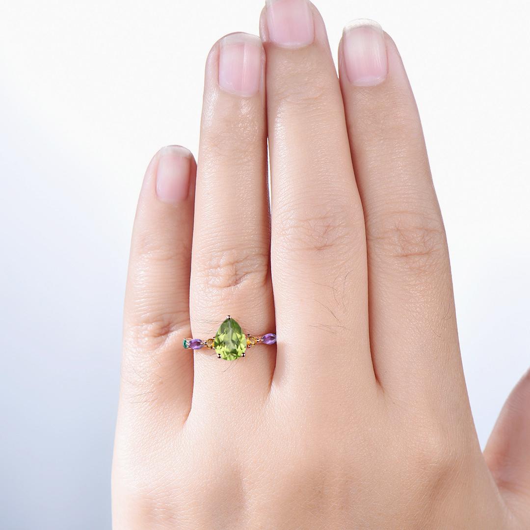 Vintage Pear Shaped Peridot Engagement Ring Multi-Stone Cluster Citrine Amethyst Emerald Wedding Ring Birthday Anniversary Promise Gift