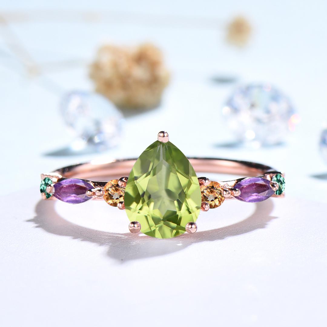 Vintage Pear Shaped Peridot Engagement Ring Multi-Stone Cluster Citrine Amethyst Emerald Wedding Ring Birthday Anniversary Promise Gift