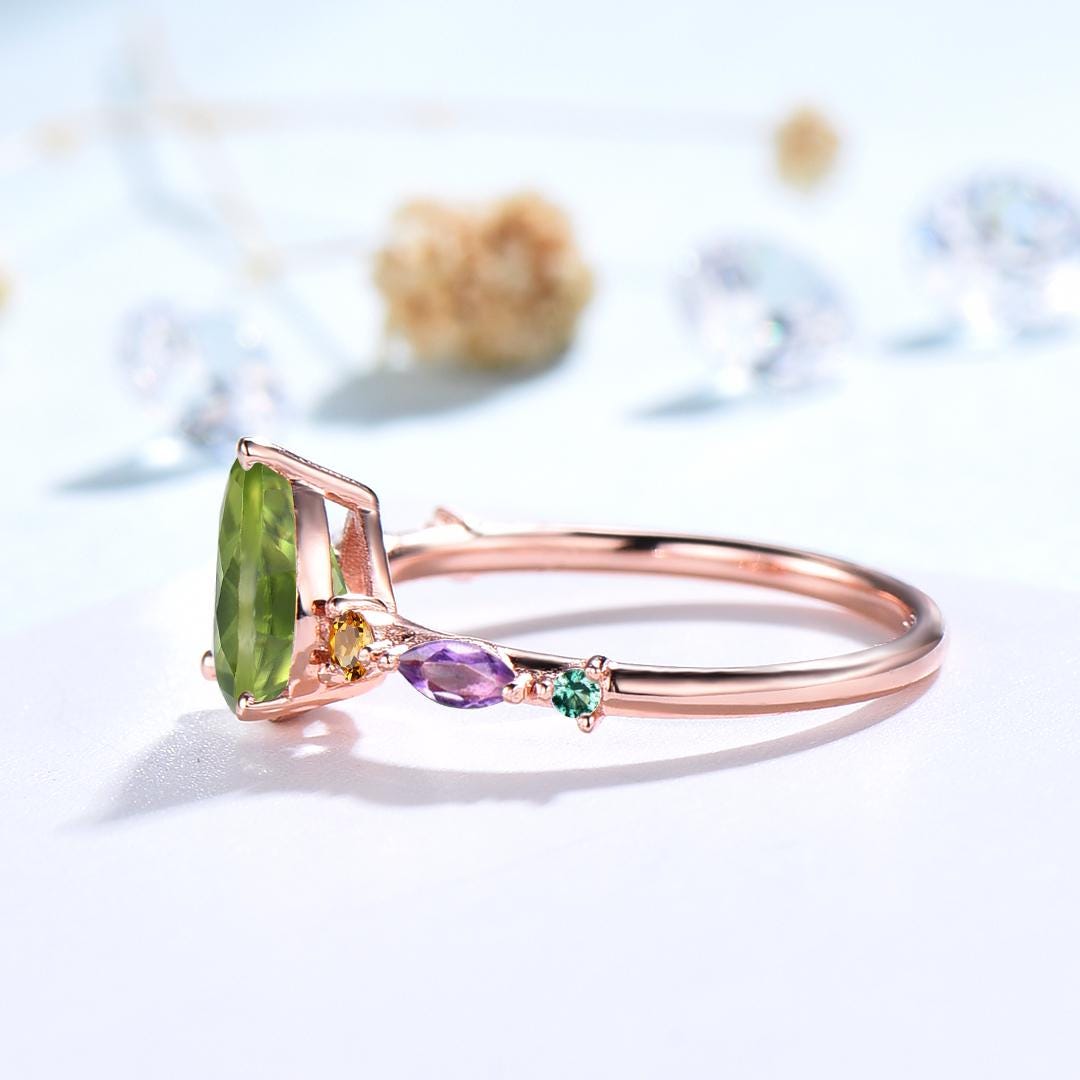 Vintage Pear Shaped Peridot Engagement Ring Multi-Stone Cluster Citrine Amethyst Emerald Wedding Ring Birthday Anniversary Promise Gift