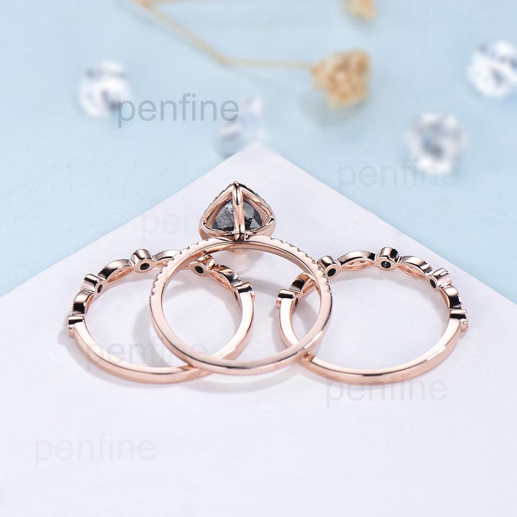 vintage salt and pepper diamond engagement ring set rose gold halo diamond marquise milgrain wedding ring handmade anniversary ring women