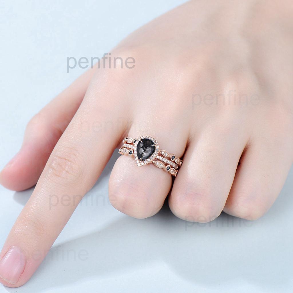 vintage salt and pepper diamond engagement ring set rose gold halo diamond marquise milgrain wedding ring handmade anniversary ring women