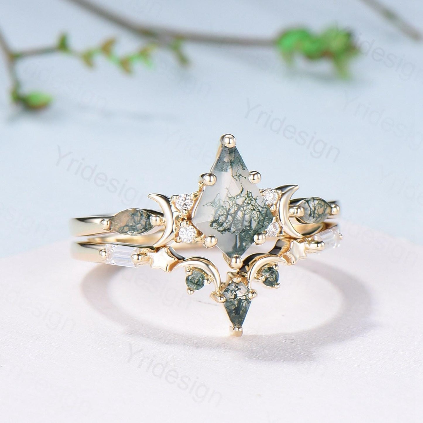 Yellow gold kite cut nature moss agate ring set Unique crescent moon star agate engagement ring Handmade anniversary gift Wedding bridal set