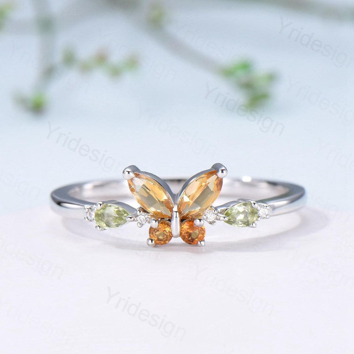 Unique Butterfly Citrine Peridot Engagement Ring Vintage Marquise Citrine Ring Pear Peridot Wedding Ring Anniversary Promise Birthstone Gift