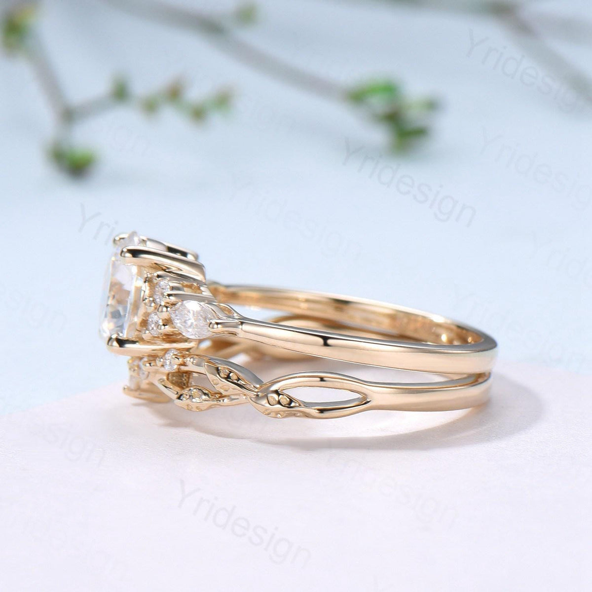 Vintage Round Cut Moissanite Engagement Ring Set 14K Yellow Gold Lab Grown Diamond Bridal Ring Set 2pcs Anniversary Promise Ring Set Women