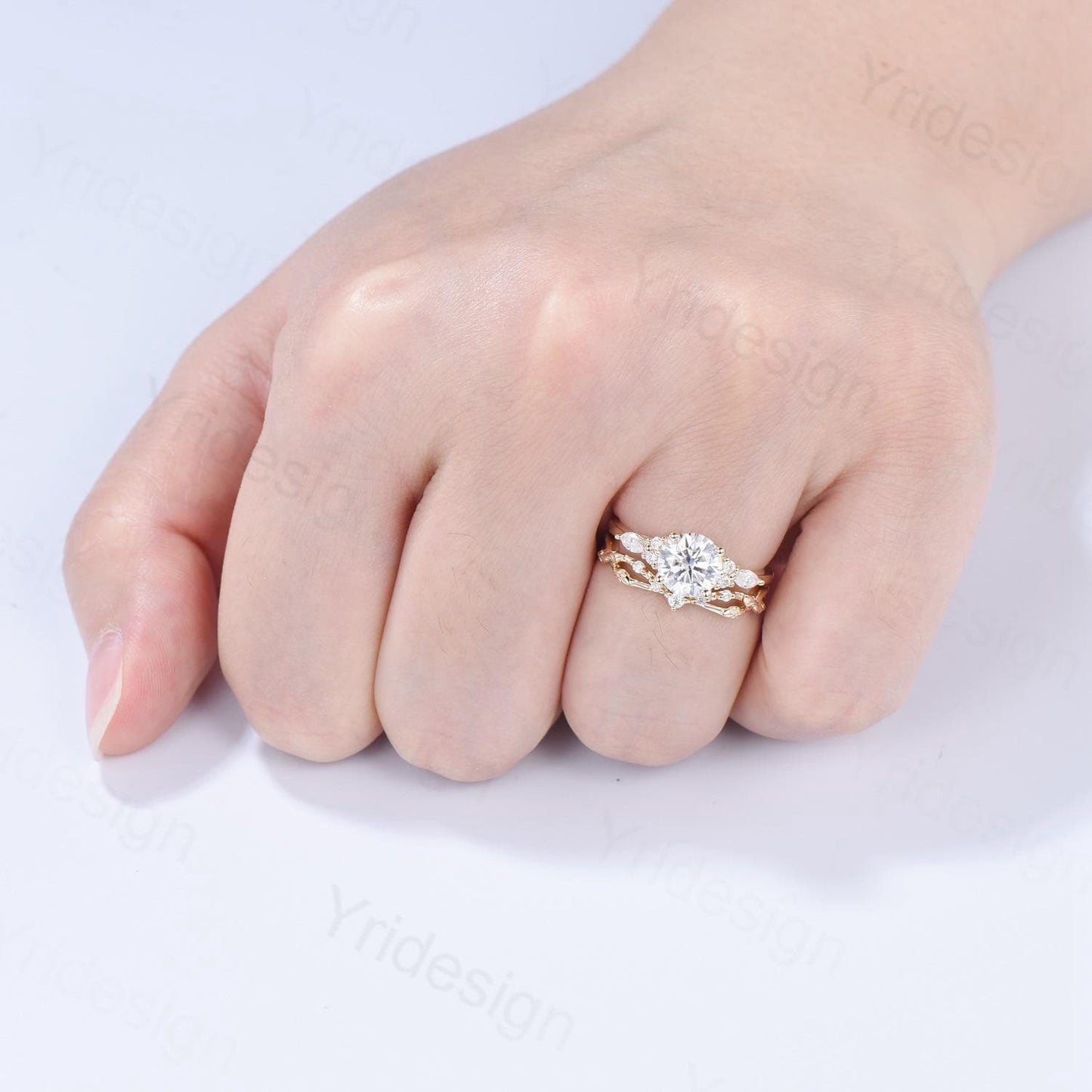 Vintage Round Cut Moissanite Engagement Ring Set 14K Yellow Gold Lab Grown Diamond Bridal Ring Set 2pcs Anniversary Promise Ring Set Women
