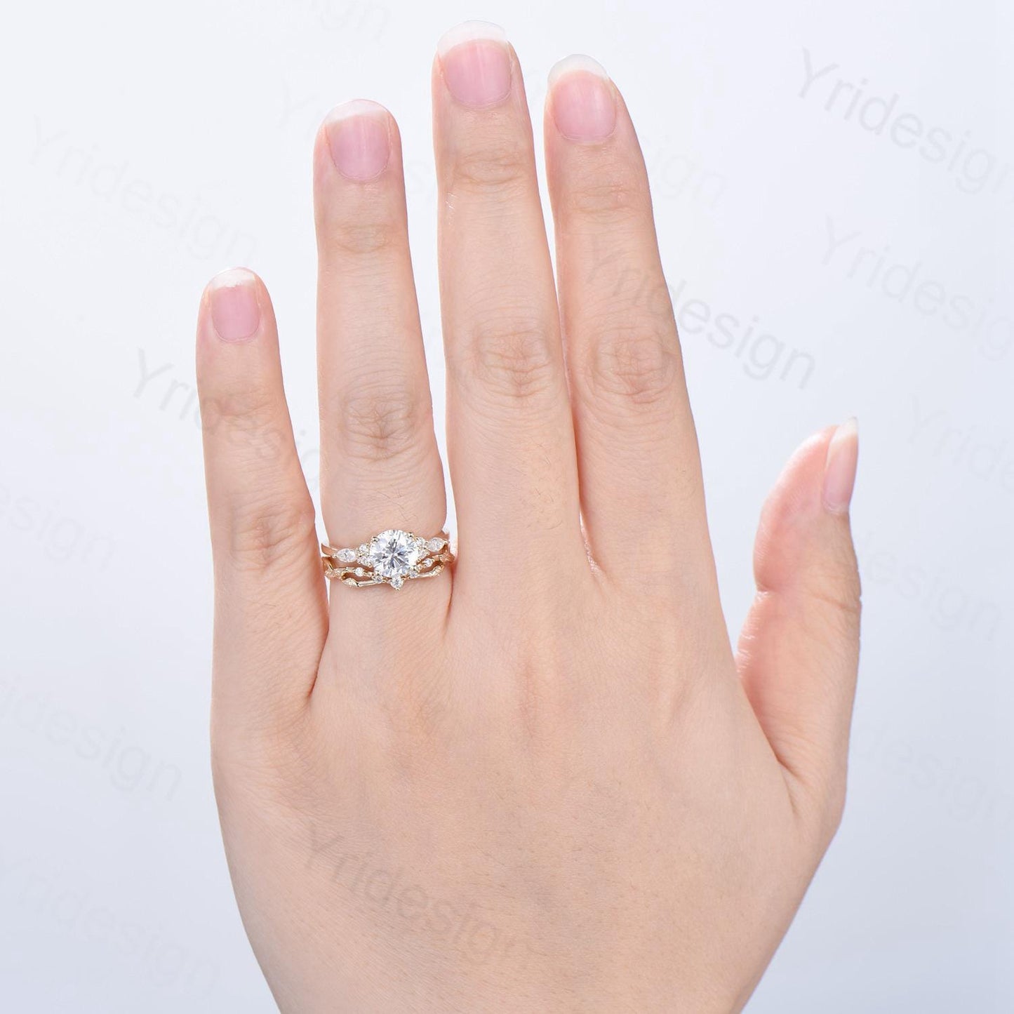 Vintage Round Cut Moissanite Engagement Ring Set 14K Yellow Gold Lab Grown Diamond Bridal Ring Set 2pcs Anniversary Promise Ring Set Women