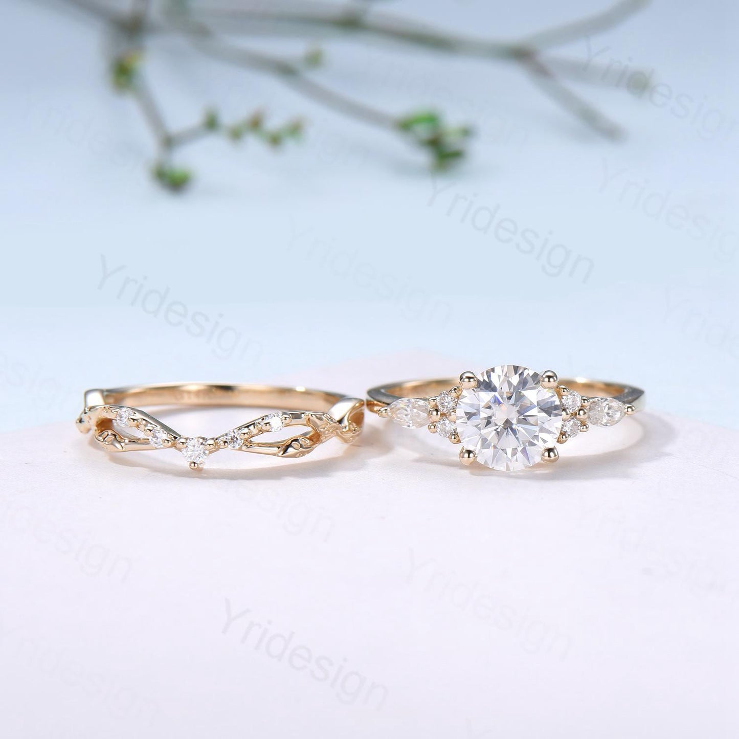 Vintage Round Cut Moissanite Engagement Ring Set 14K Yellow Gold Lab Grown Diamond Bridal Ring Set 2pcs Anniversary Promise Ring Set Women