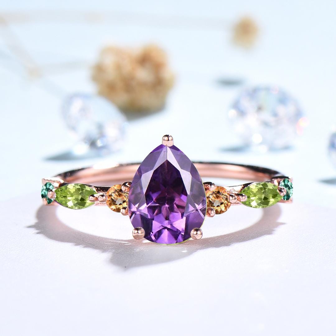 Vintage Pear Shaped Natural Amethyst Engagement Ring Multi-Stone Cluster Citrine Peridot Wedding Ring Feb Birthday Anniversary Promise Gift