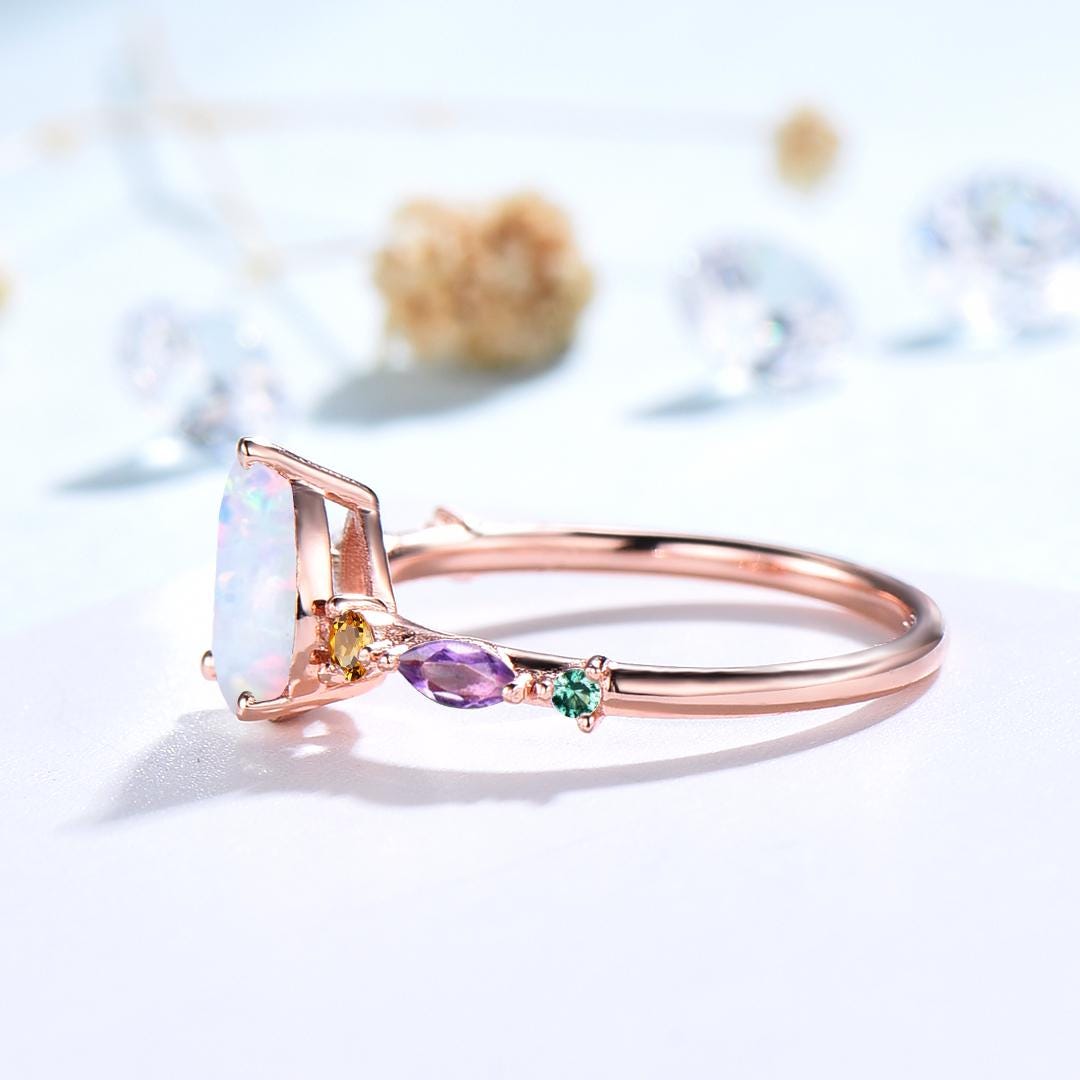 Vintage Pear Shaped Fire Opal Engagement Ring Multi-Stone Cluster Amethyst Emerald Wedding Ring Citrine Birthday Anniversary Promise Gift
