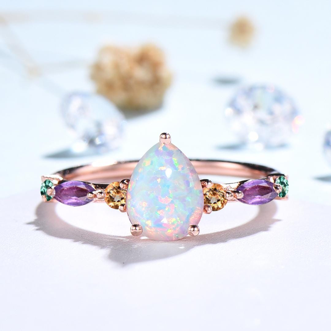 Vintage Pear Shaped Fire Opal Engagement Ring Multi-Stone Cluster Amethyst Emerald Wedding Ring Citrine Birthday Anniversary Promise Gift