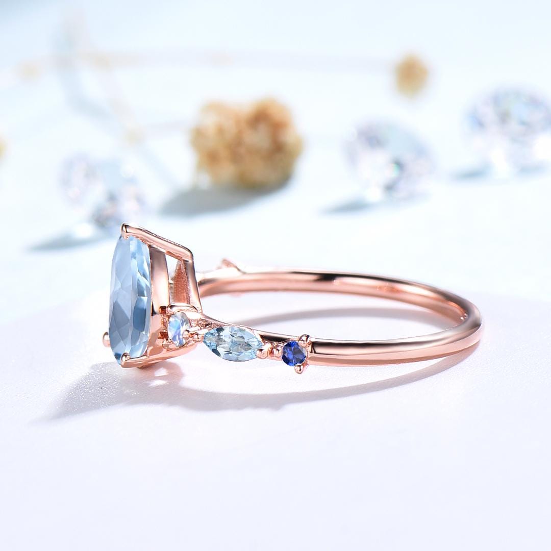 Unique Pear  Shaped Natural Aquamarine Engagement Ring Vintage March Birthstone Moonstone Wedding Ring Anniversary Promise Ring Jewelry Gift