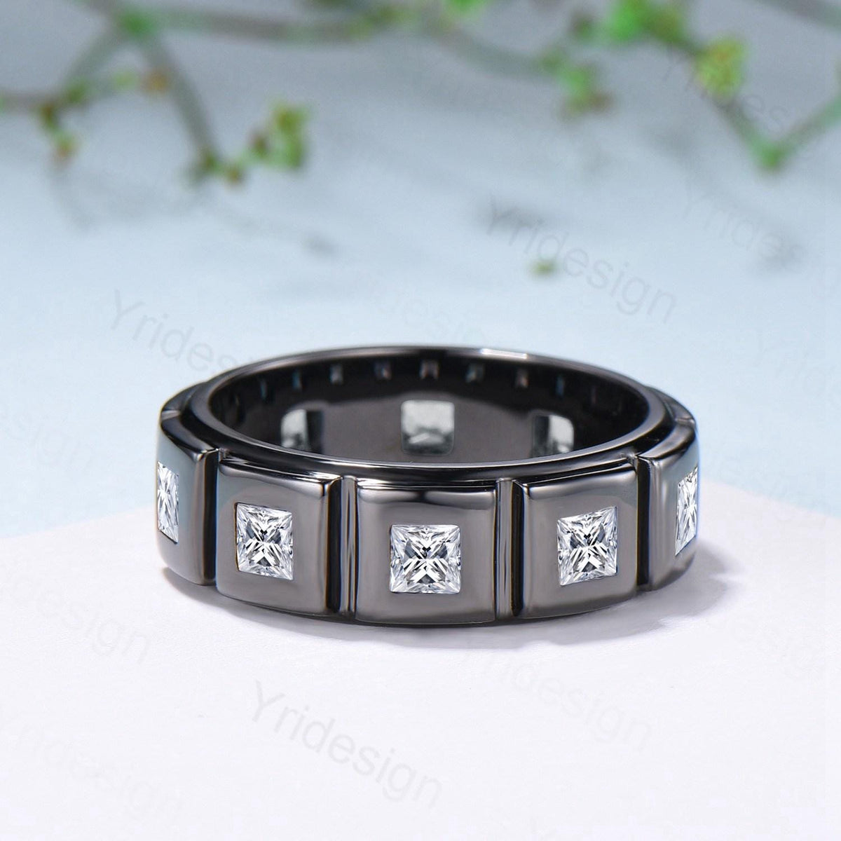 Black Gold Princess Moissanite Wedding Band For Men Unisex Frame Brushed Finish Men's Wedding Ring Anniversary Stacking Matching Band Gift