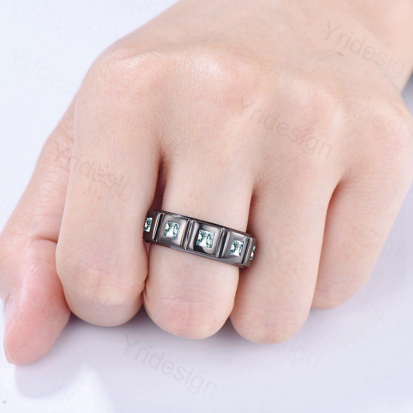 Black Gold Moss Agate Mens Wedding Band  Princess Cut Green Agate Men's Wedding Ring Anniversary Promise Stacking Matching Band Gift