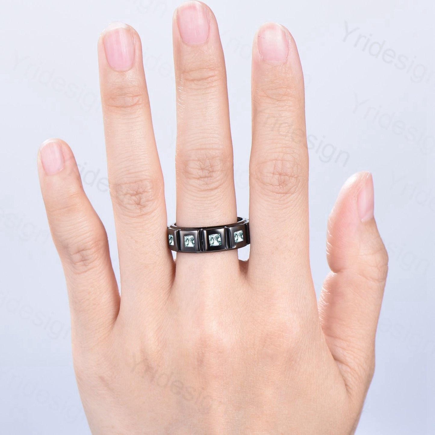 Black Gold Moss Agate Mens Wedding Band  Princess Cut Green Agate Men's Wedding Ring Anniversary Promise Stacking Matching Band Gift