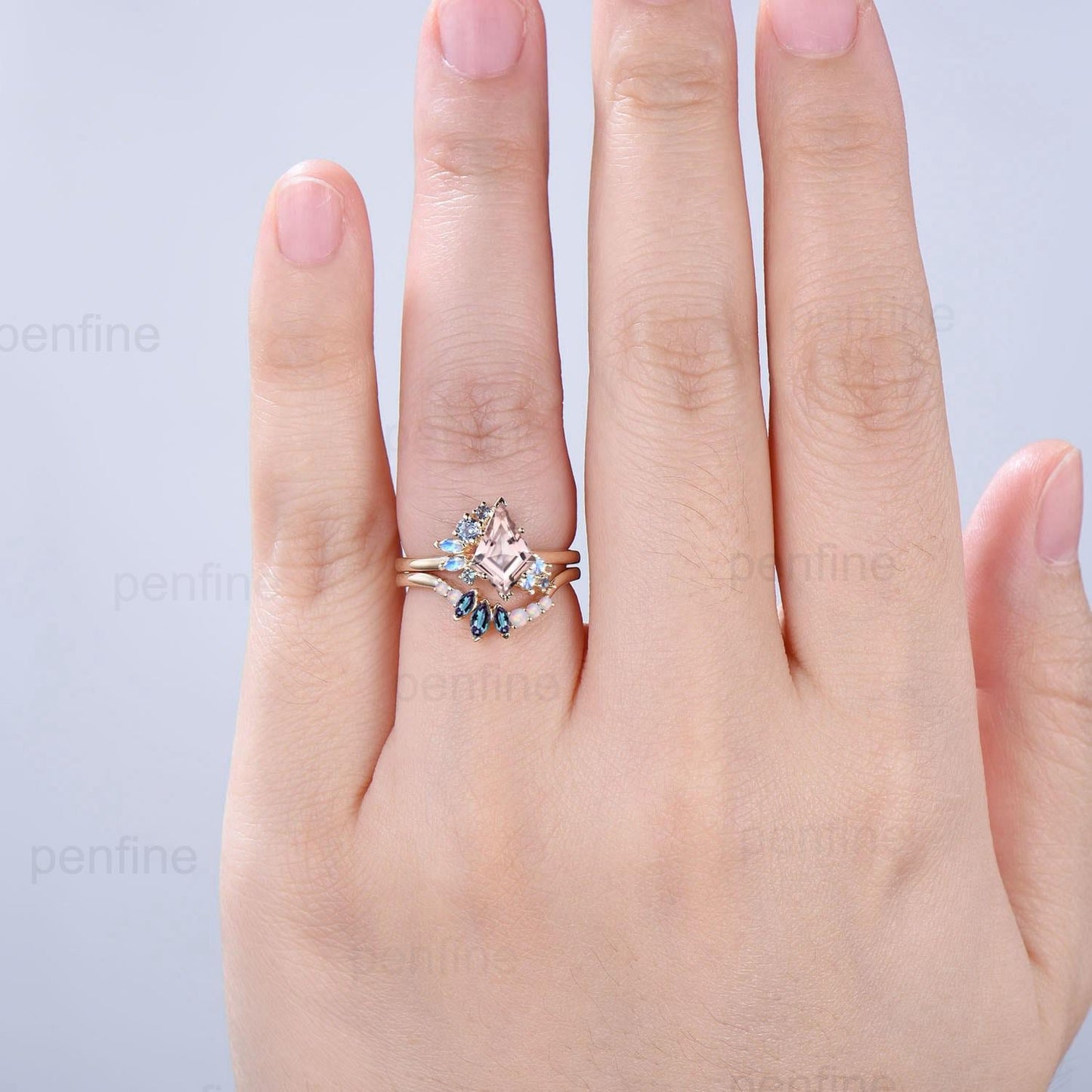 Vintage Kite cut morganite ring set rose gold morganite ring cluster alexandrite moonstone bridal wedding ring set anniversary promise gifts