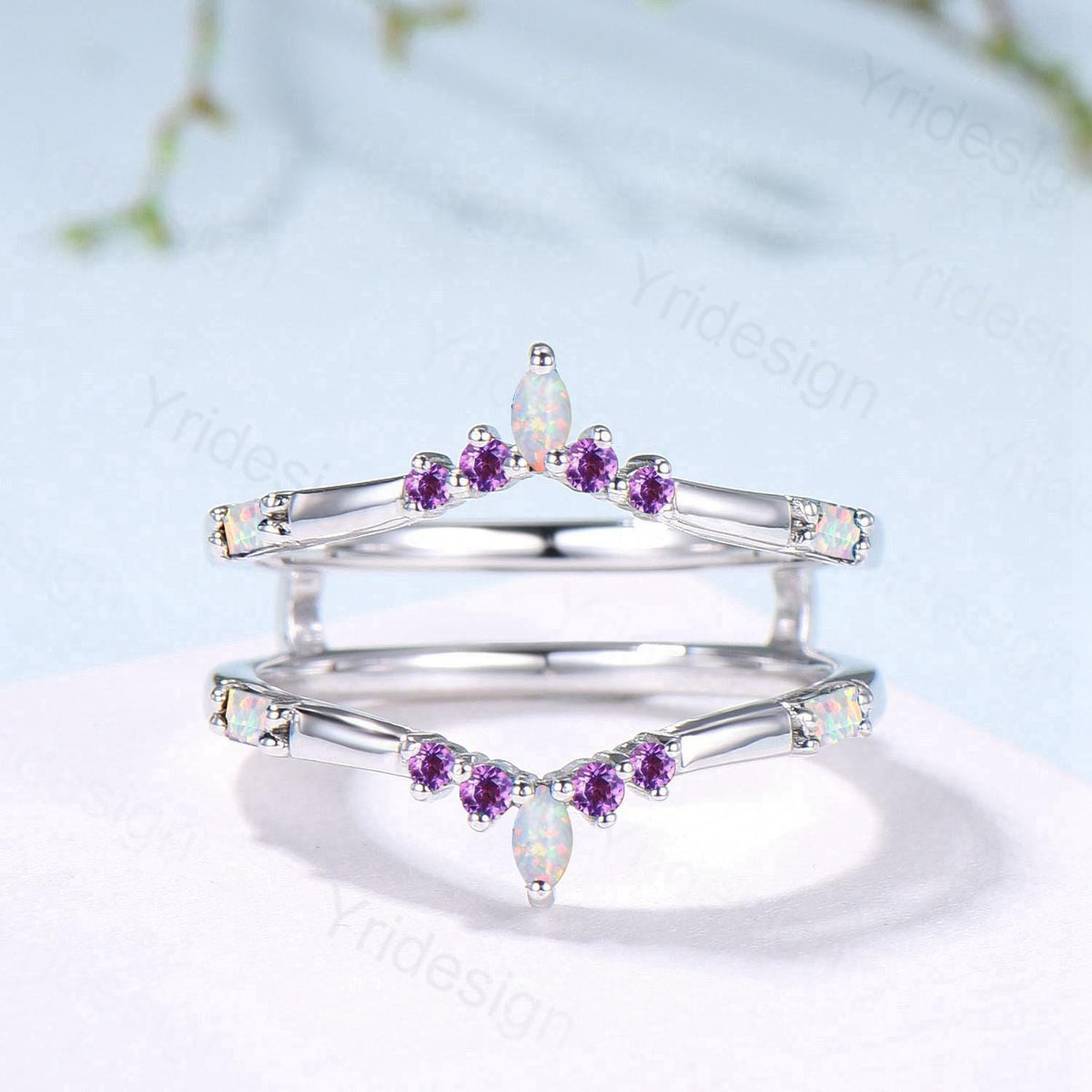 Enhancer Curved Opal Amethyst Wedding Band Sterling Silver White Gold Contour Stacking Marquise Baguette Opal Matching Ring Anniversary Gift
