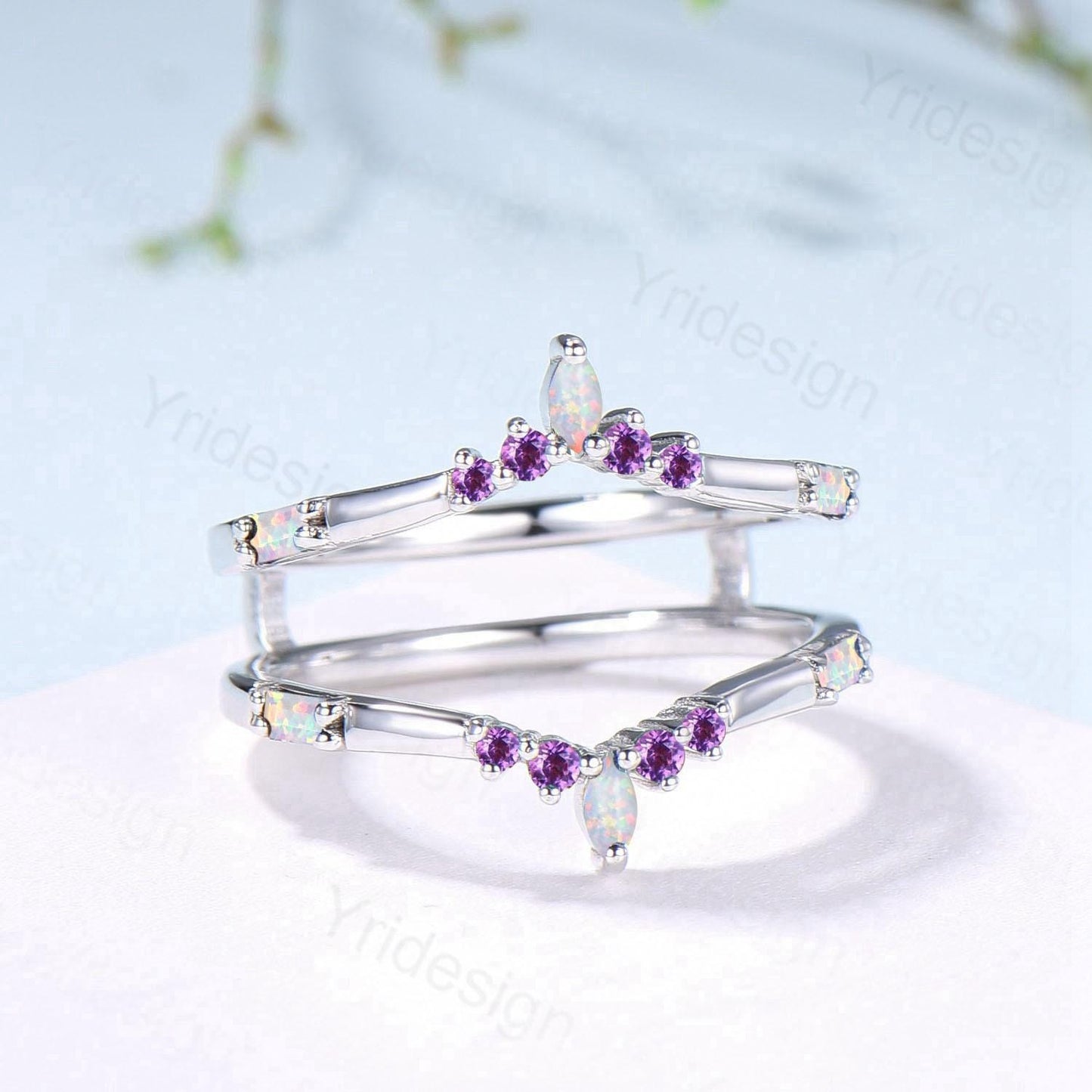 Enhancer Curved Opal Amethyst Wedding Band Sterling Silver White Gold Contour Stacking Marquise Baguette Opal Matching Ring Anniversary Gift