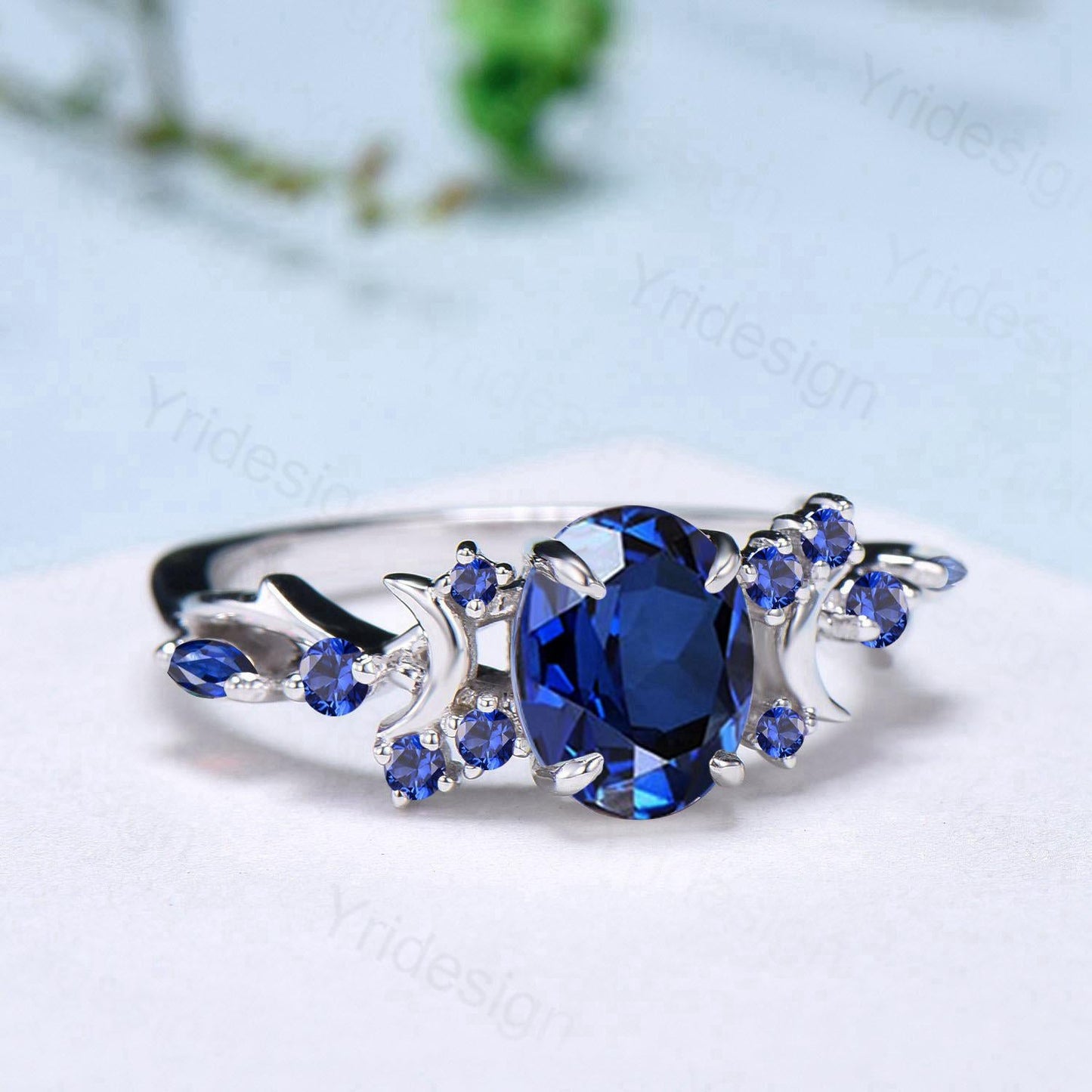 Unique 1.5CT Oval Cut Blue Sapphire Engagement Ring Vintage Moon Promise Ring Twig  Branch Vine Cluster Wedding Ring Anniversary Gift Women
