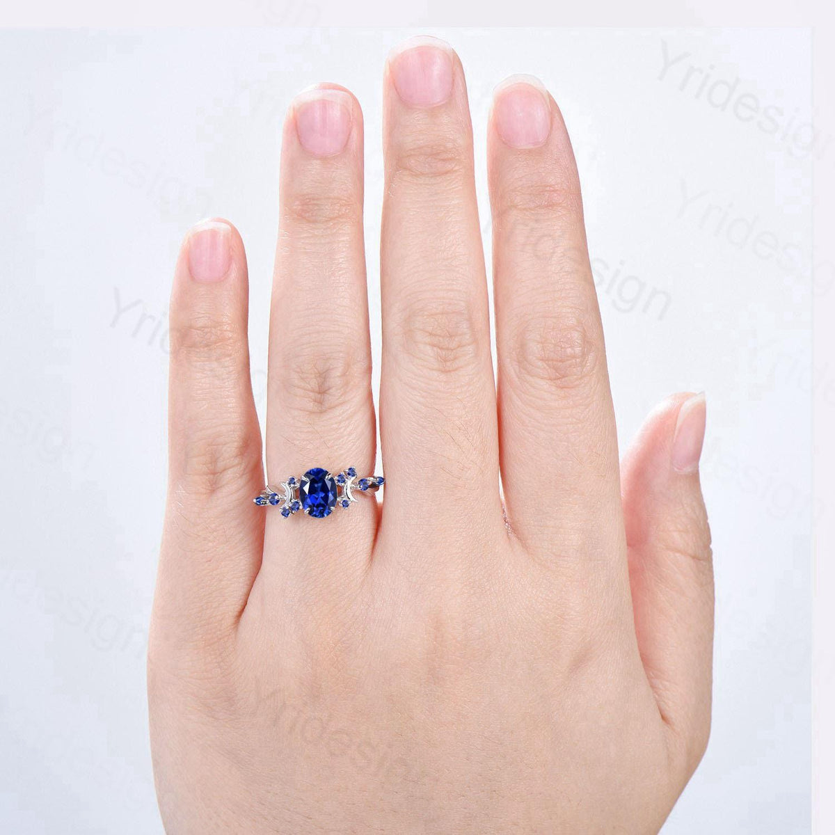 Unique 1.5CT Oval Cut Blue Sapphire Engagement Ring Vintage Moon Promise Ring Twig  Branch Vine Cluster Wedding Ring Anniversary Gift Women