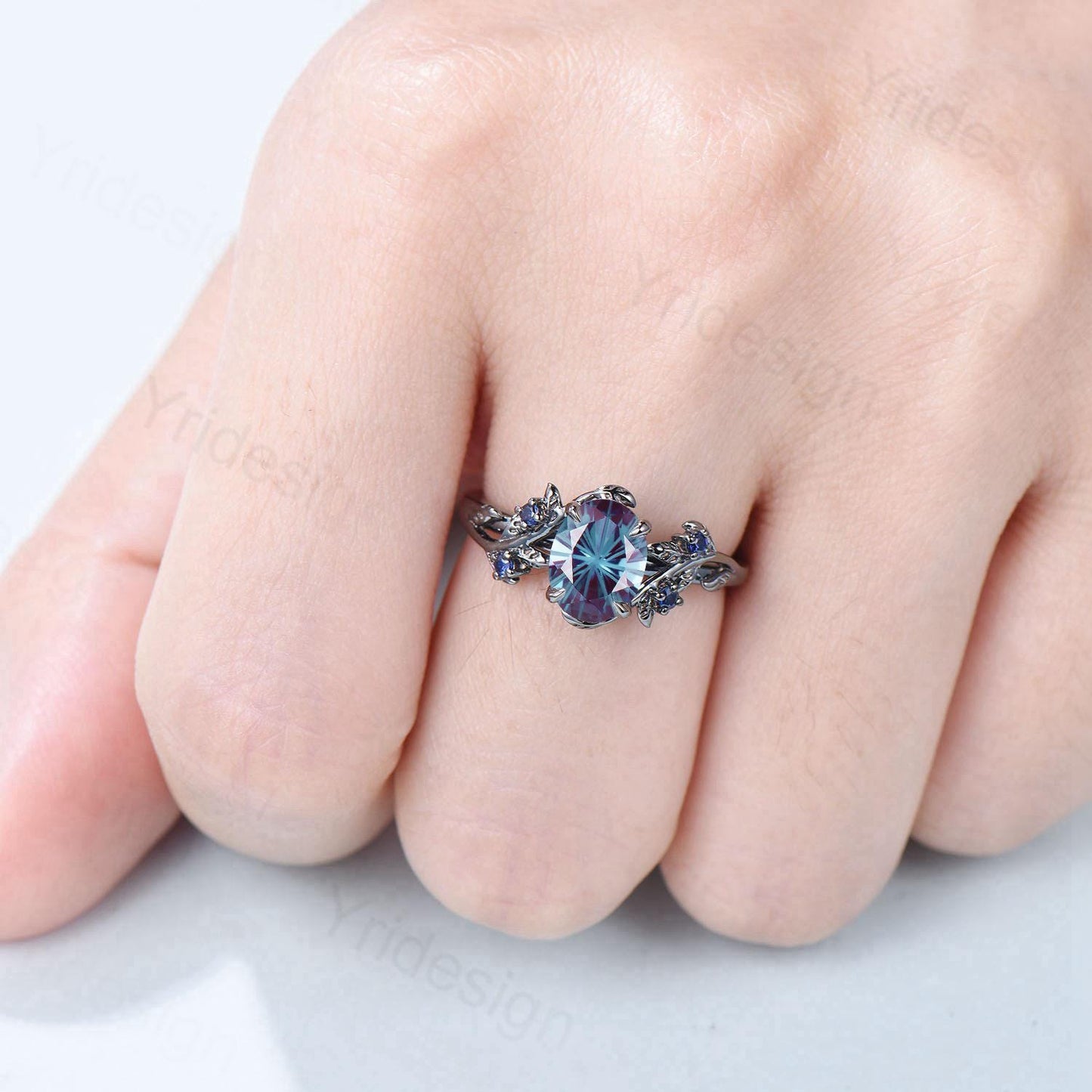 Unique Black Gold Fireworks Cut Oval Cut Alexandrite Engagement Ring Nature Inspired Color Changing Leaf Vine Cluster Sapphire Wedding Ring