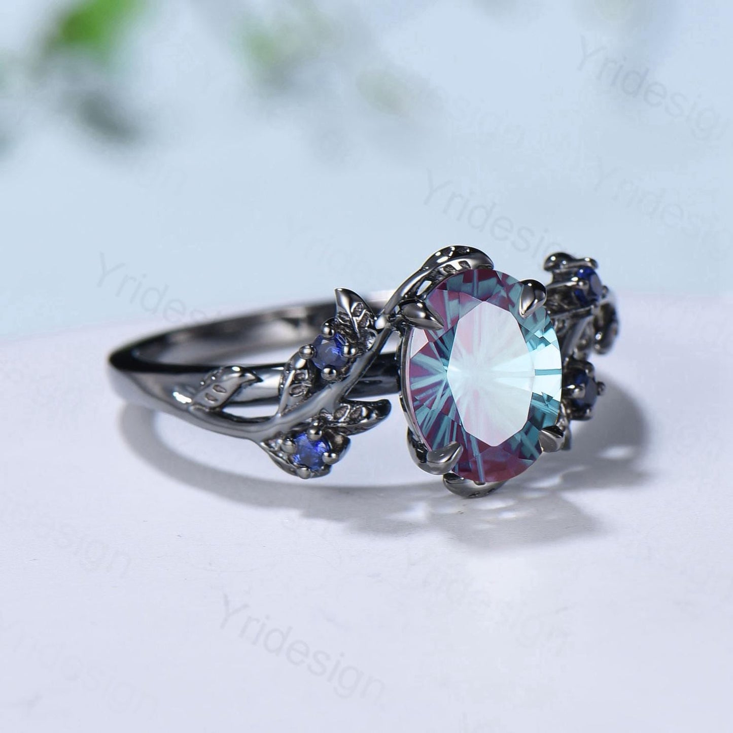 Unique Black Gold Fireworks Cut Oval Cut Alexandrite Engagement Ring Nature Inspired Color Changing Leaf Vine Cluster Sapphire Wedding Ring