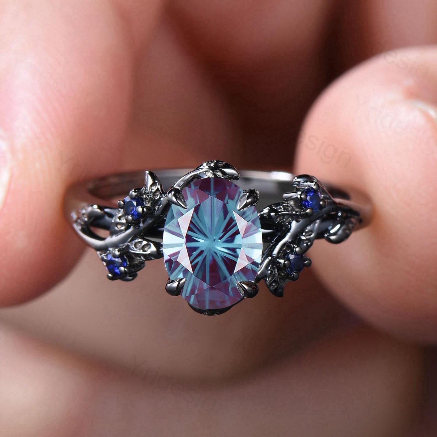 Unique Black Gold Fireworks Cut Oval Cut Alexandrite Engagement Ring Nature Inspired Color Changing Leaf Vine Cluster Sapphire Wedding Ring