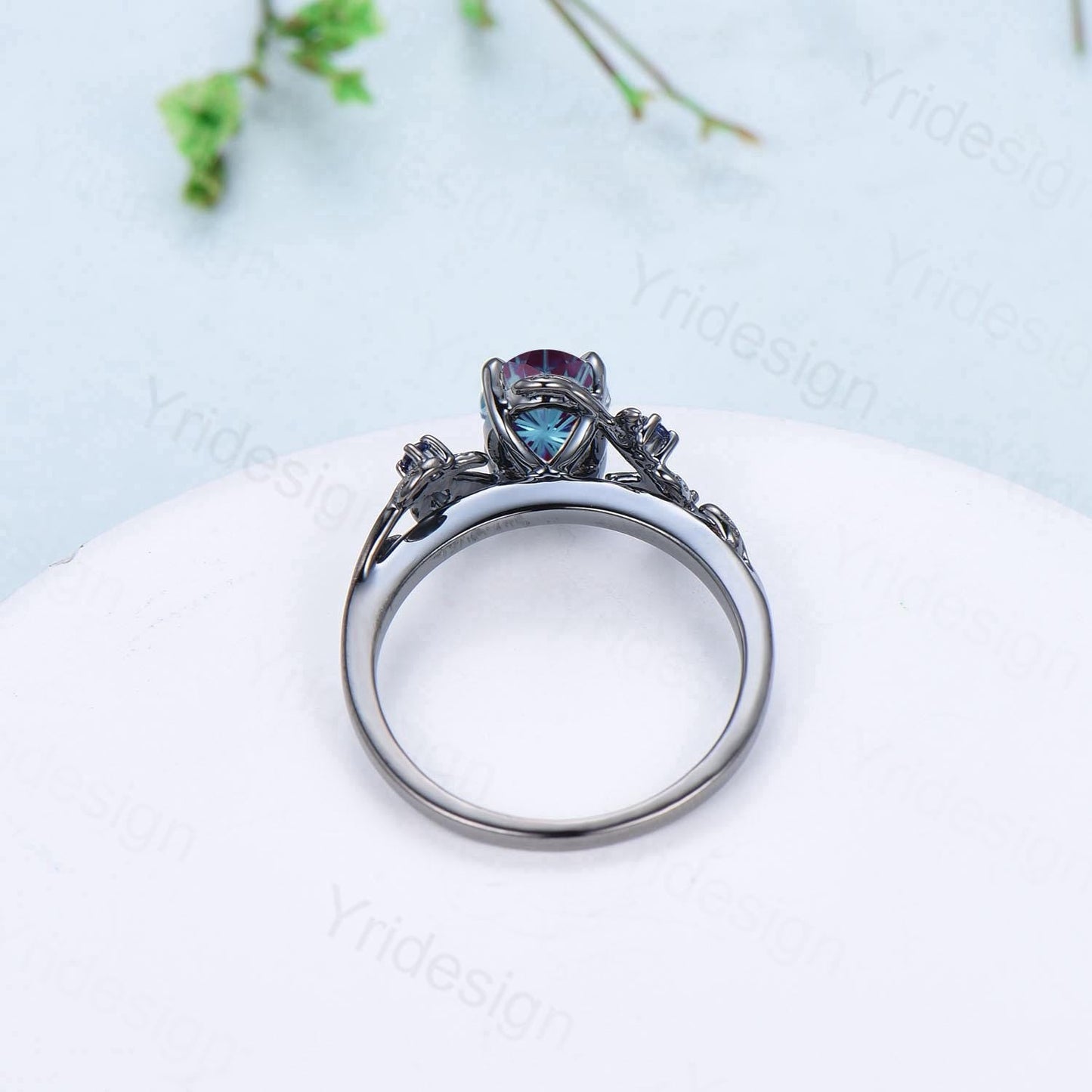 Unique Black Gold Fireworks Cut Oval Cut Alexandrite Engagement Ring Nature Inspired Color Changing Leaf Vine Cluster Sapphire Wedding Ring