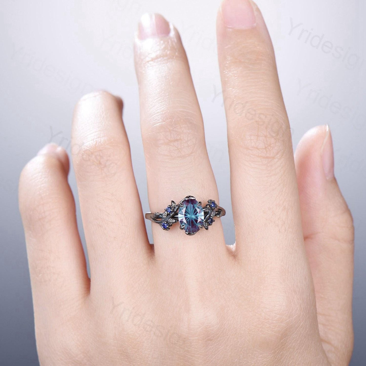 Unique Black Gold Fireworks Cut Oval Cut Alexandrite Engagement Ring Nature Inspired Color Changing Leaf Vine Cluster Sapphire Wedding Ring