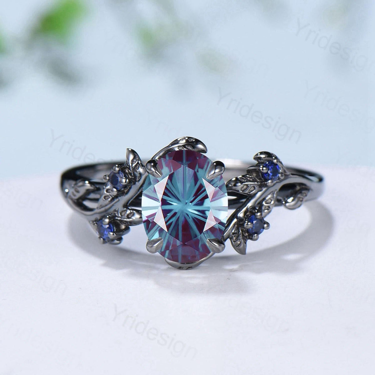 Unique Black Gold Fireworks Cut Oval Cut Alexandrite Engagement Ring Nature Inspired Color Changing Leaf Vine Cluster Sapphire Wedding Ring