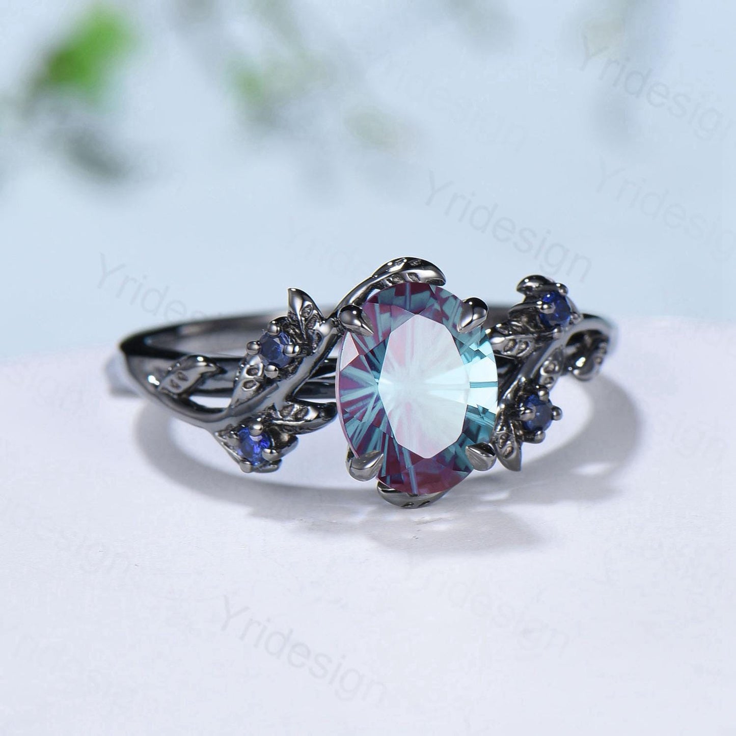 Unique Black Gold Fireworks Cut Oval Cut Alexandrite Engagement Ring Nature Inspired Color Changing Leaf Vine Cluster Sapphire Wedding Ring