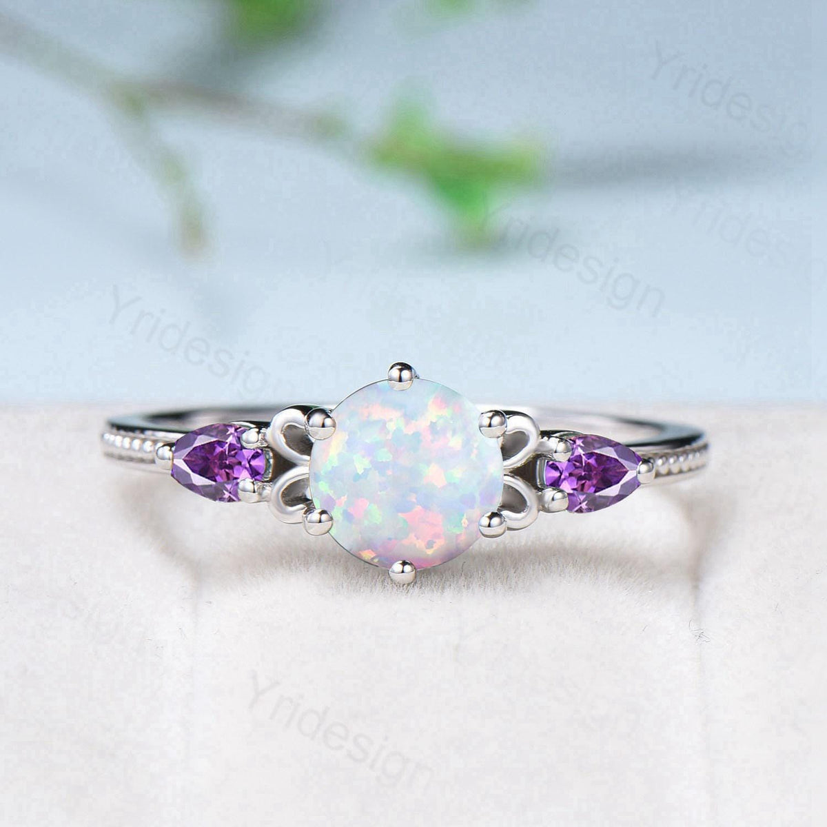Vintage White Opal Engagement Ring Set, Pear Amethyst Emerald Accent, Milgrain 14K Gold